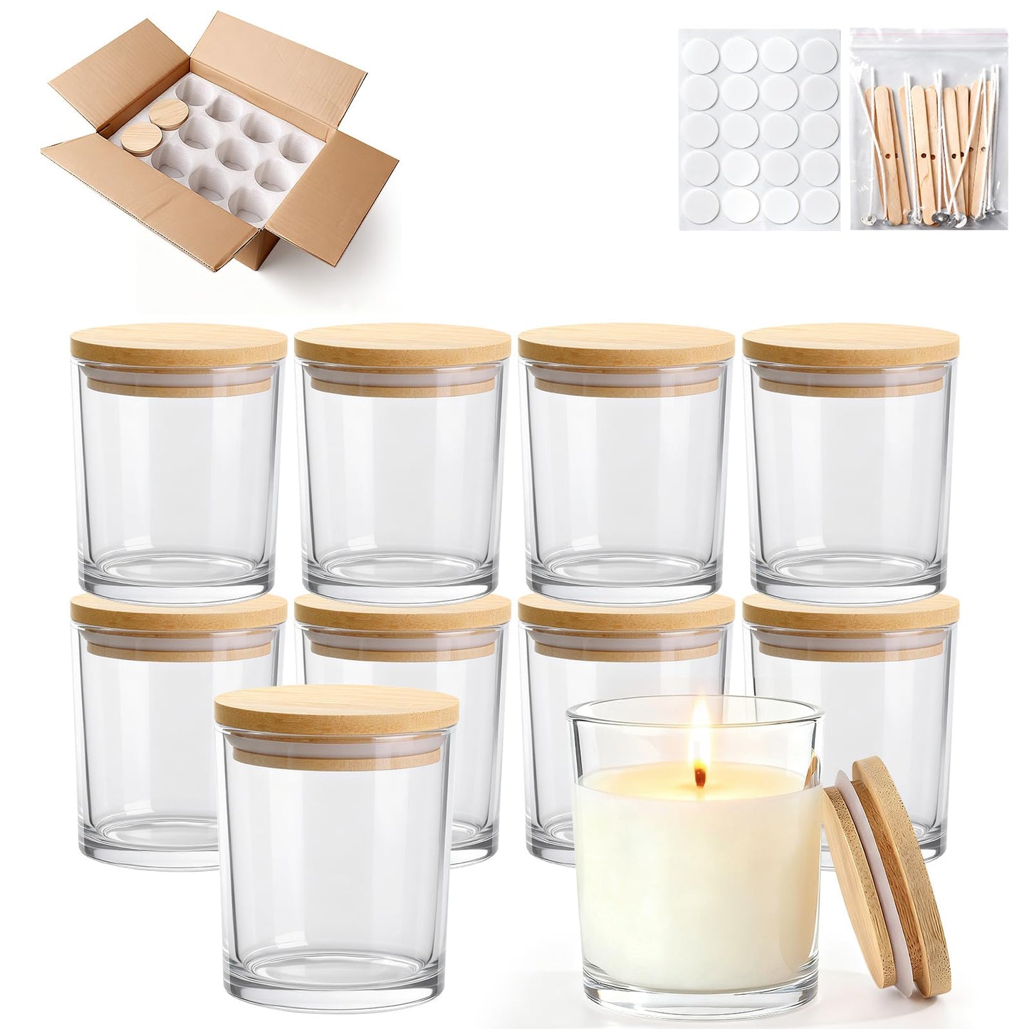 YJHSS 10oz Glass Candle Jars, 12-Pack Candles Jars for Making Candles, Empty Thick Glass Wide-Mouth Jars with Bamboo Lids & Wick Kits, Candle Containers Bulk - Clear