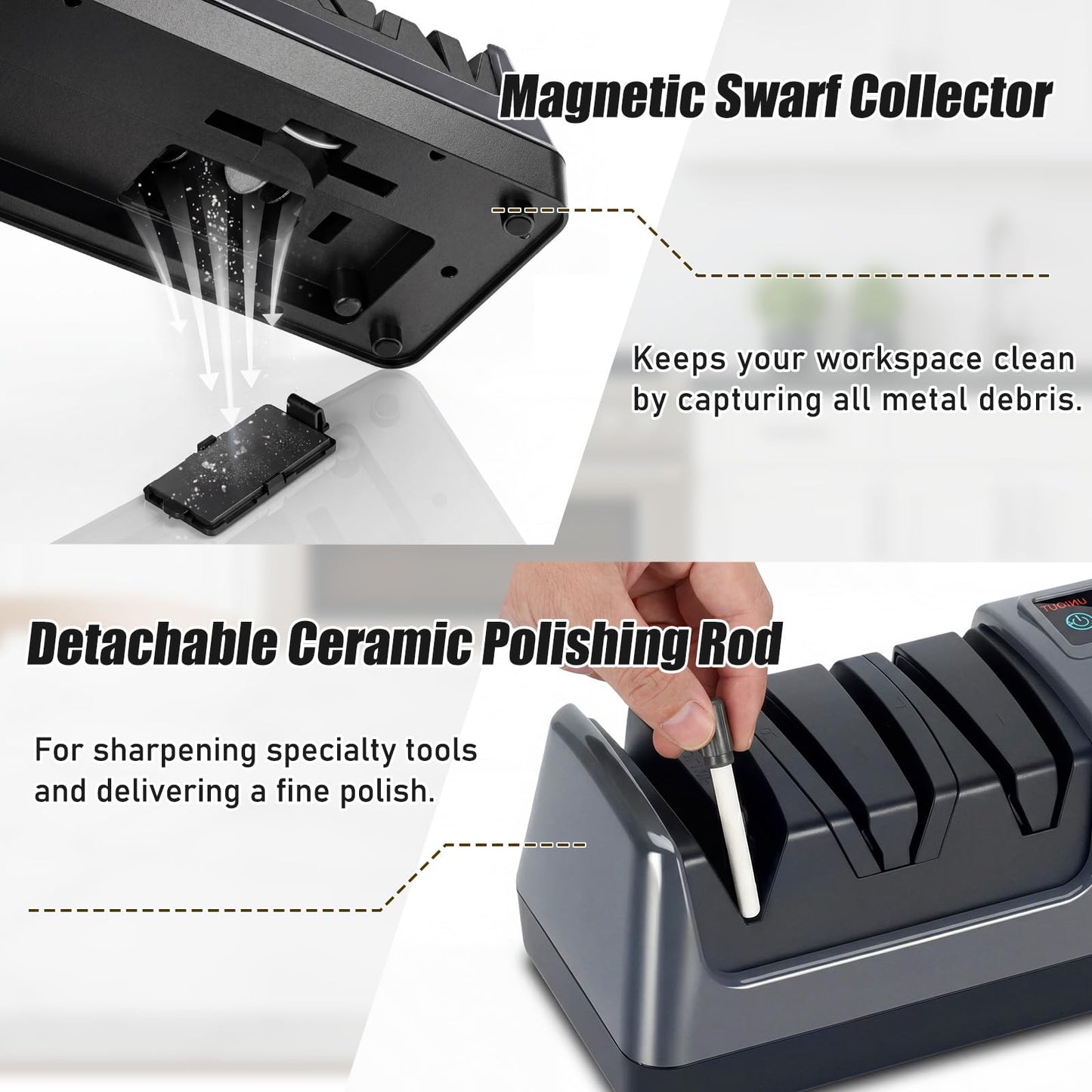 5-in-1 Electric Knife Sharpener for All Knives – Diamond Abrasive Sharpener with 3 Speeds & LCD Display | Sharpens Straight, Serrated, Kitchen Knives & Scissors | Automatic, Safe, Easy to Use (gery)