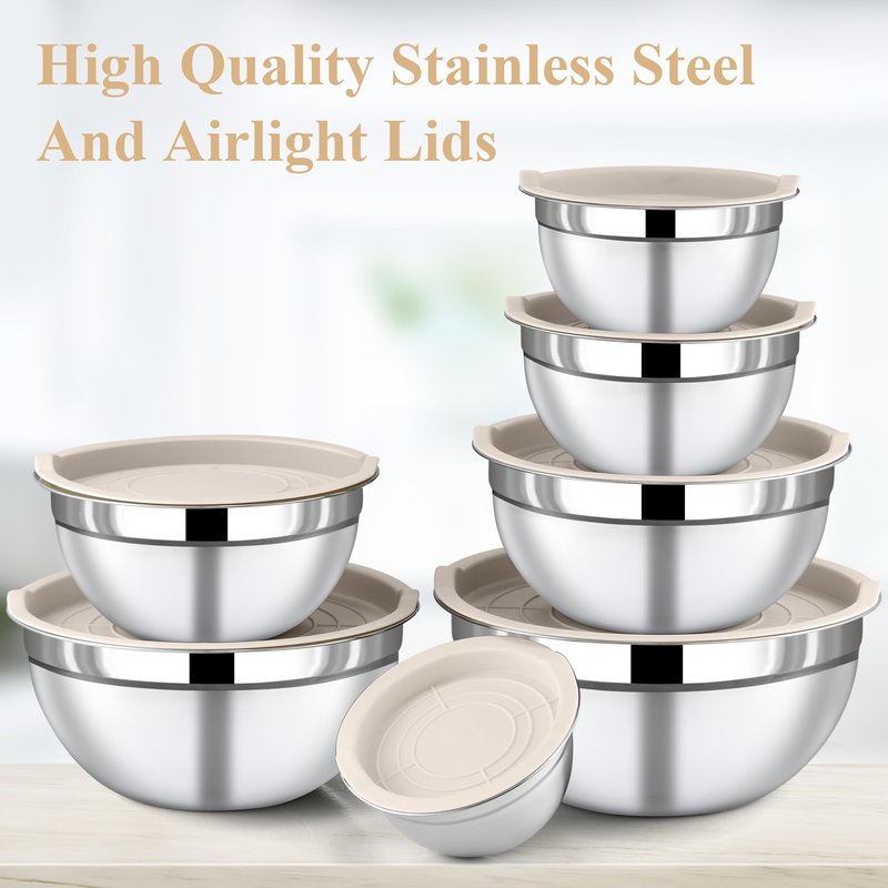 Funnydin 7 Piece Stainless Steel Mixing Bowls with Lids Set - Khaki Nesting Metal Mixing Bowls for Kitchen, Sizes 4.5, 4, 3.5, 2.1, 1.5, 1.1, 0.7 Qt for Baking, Cooking and Serving, Dishwasher Safe