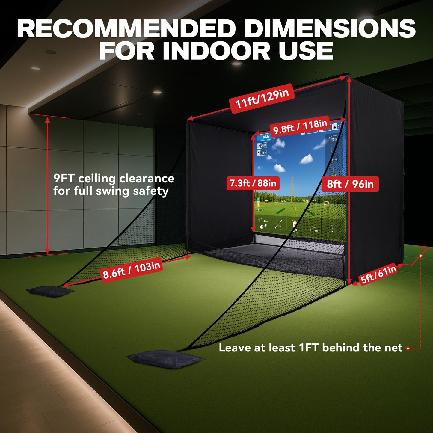 ZEALFEEL Golf Simulator Enclosure, 11x8FT Golf Net with HD Impact Screen & Side Barriers – Dual-Layer Impact Screen, Foam-Padded Frame, Indoor Cage Net for Home Garage Studio