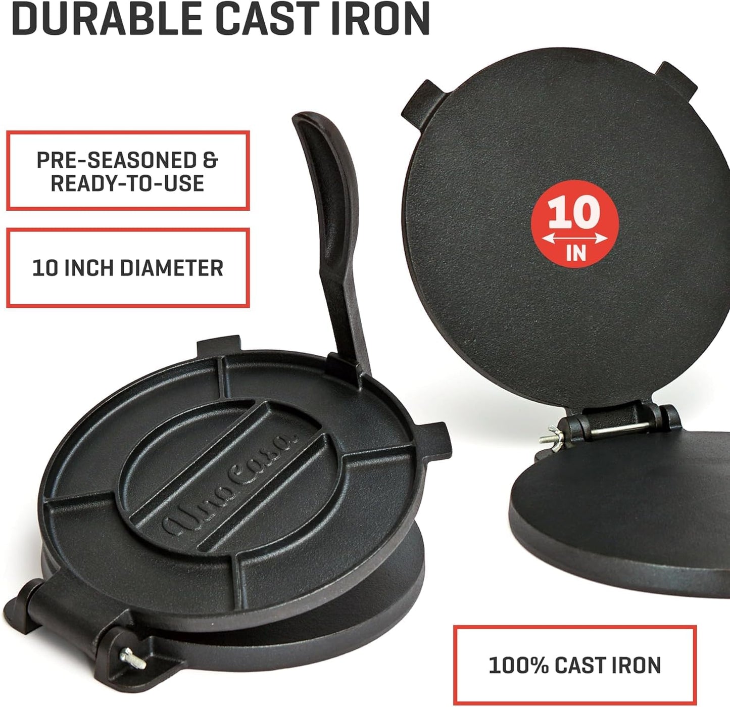 Uno Casa Cast Iron Tortilla Press 10 Inch - Tortilla Maker Press, Pre-Seasoned Roti Maker with 100 Pcs Parchment Paper - Heavy Duty Quesadilla Maker for Homemade Flatbreads, Rotis, Empanadas