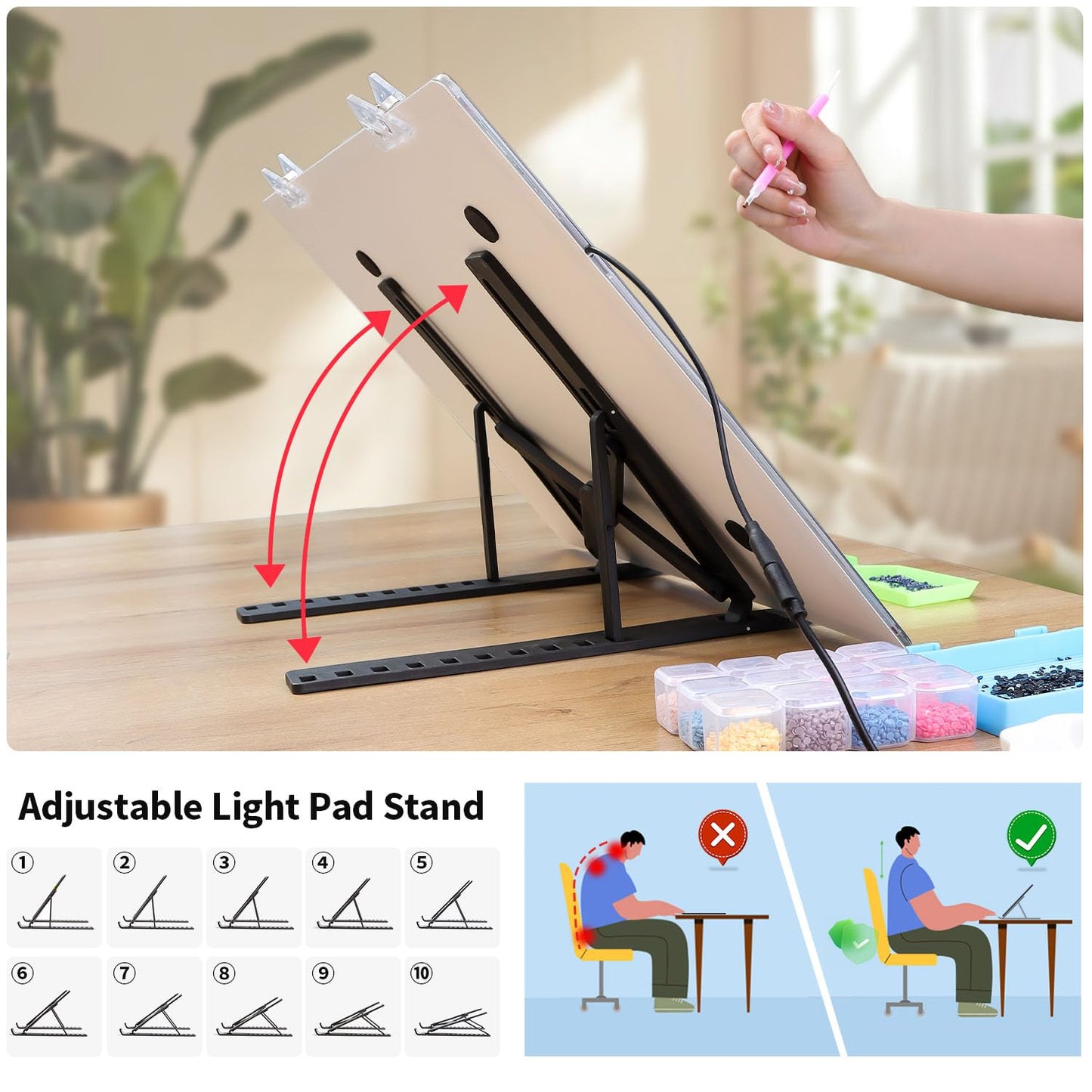 Zocelight A4 Light Pad for Diamond Art Kits for Adults,0.2" Ultra Thin Light Board with Stand and Clip for Diamond Painting Accessories,3 Levels Dimming Light Box for Drawing,Sketching,Animation