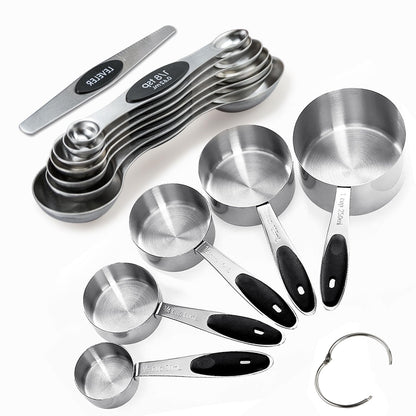 Measuring Cup and Magnetic Measuring Spoons Set, 5 Stainless Steel Nesting Measuring Cup & 7 Double Sided Stackable Magnetic Measuring Spoons & 1 Leveler, for Cooking Dry and Liquid Ingredient