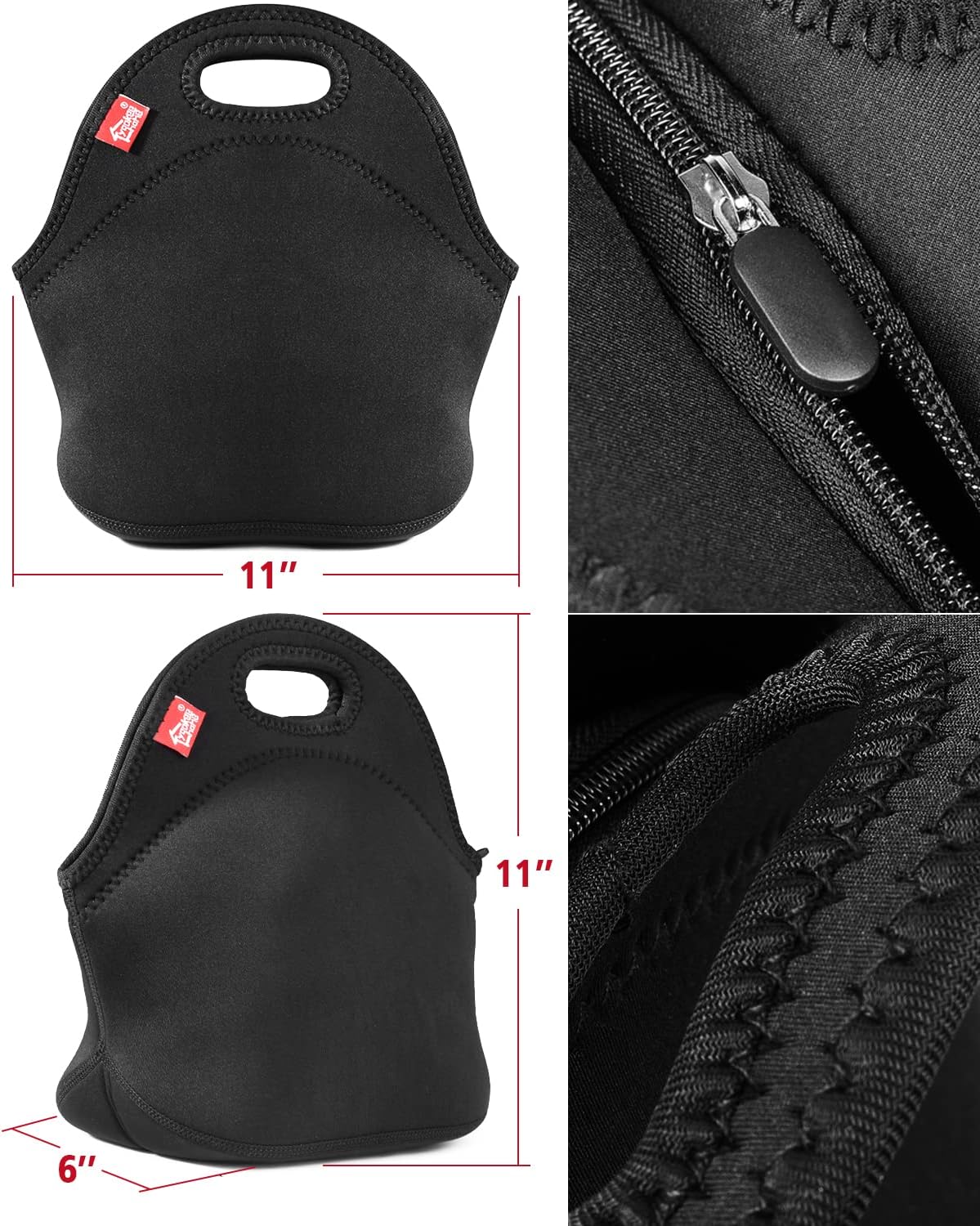 yookee home Black Insulated Lunch Bag, Thick Reusable Thermal Lunch Tote, Small Neoprene Lunchbags with Zipper