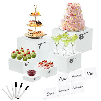 Qeanknar 6 Pcs White Acrylic Buffet Risers with Mini Sign and Maker, Food Display Stands for Buffet Table Party Catering Dessert Jewelry Collectibles,Nesting Cube Boxes with Hollow Bottoms