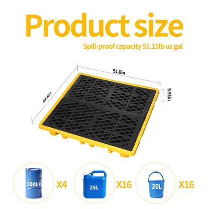 Cjgyz Spill Containment Platform with Drain, 51x51x6in, Anti-Slip Plastic, Leakproof Detachable, 4 Drum Capacity, Yellow for Industrial Use