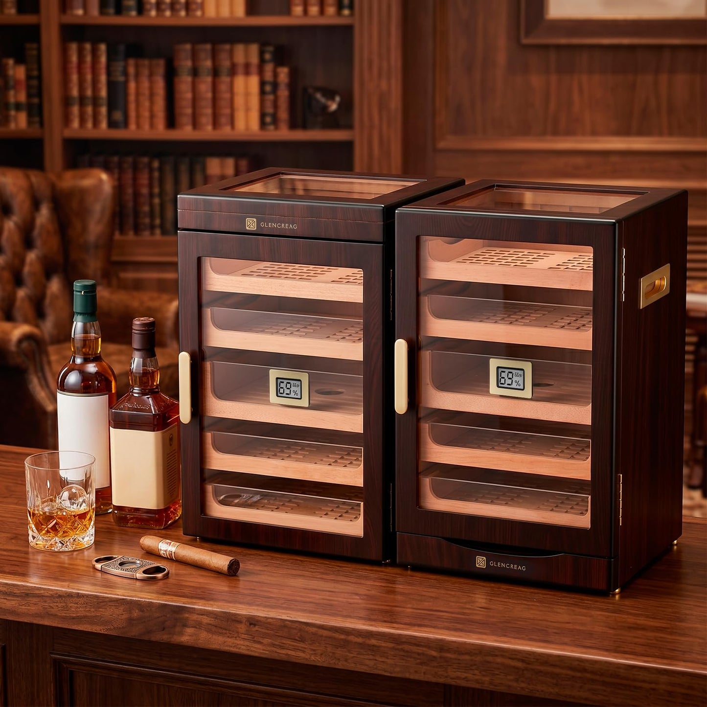 GLENCREAG M26FM-B Cigar Humidor Cabinet for 250 Cigars – Spanish Cedar Lining, Digital Hygrometer, Magnetic Seal, 5 Drawers & Accessory Storage, Transparent Top View Window– Gift for Cigar Aficionados
