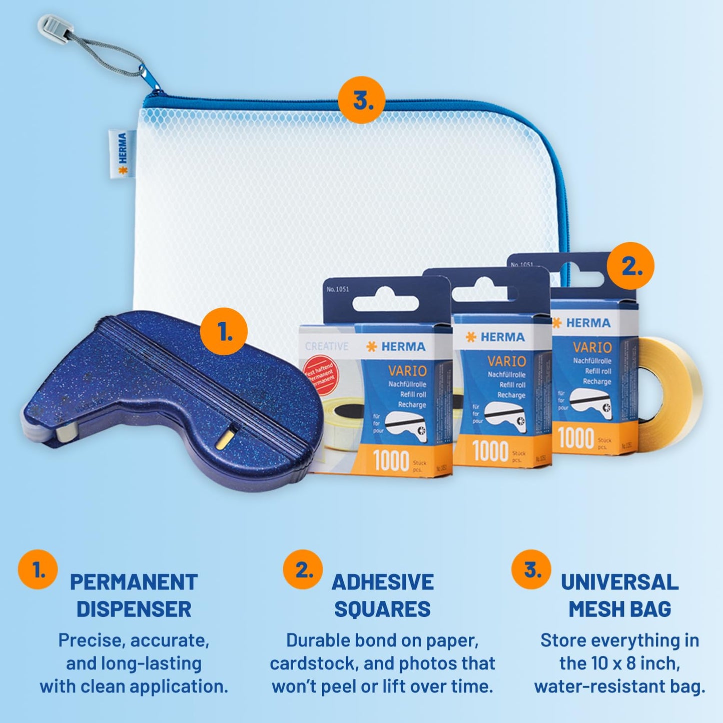HERMA Double Sided Adhesive Squares Runner Set: 1 Refillable Dispenser, 3 Permanent Mounting Rolls (49ft Each) & 1 Blue Zipper Pouch (10x8in) - Strong Bond for Photos & Crafts
