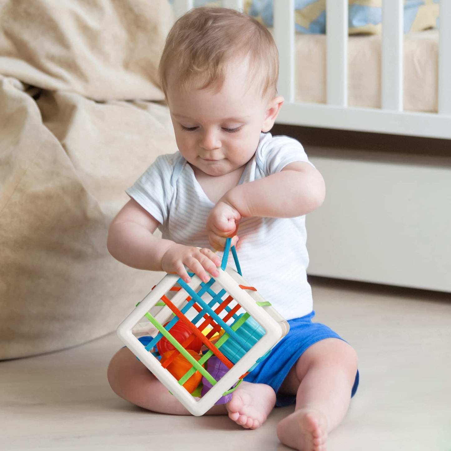 Aprilwolf Montessori Toys for 1 Year Old, Cube & 6 Sensory Shape Blocks, Baby Toys 12-18 Months, Developmental Infant Birthday Gifts for Learning Toddler Age 1 2 3
