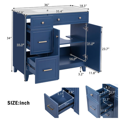 Favfurish 36" Bathroom Vanity with Ceramic Sink Combo,Free Standing Cabinet with Double-Layer Drawers and 3 Drawers,Solid Wood Bathroom Storage with Soft Close Doors,Adjustable Shelf,Modern,Blue