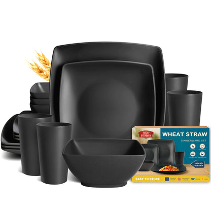 Teivio 16-piece Plastic Wheat Straw Square Dinnerware Set for 4, Unbreakable Dinner Plates, Salad Plates, Snack Bowls, Tumblers 13.5 oz, Dishwasher Safe, Kitchen Outdoor Camping,Black