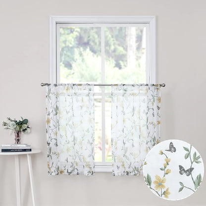 Tollpiz Short Sheer Floral Tier Curtains, Yellow Flower Butterfly Printed Kitchen Voile Curtains, Set of 2 Panels