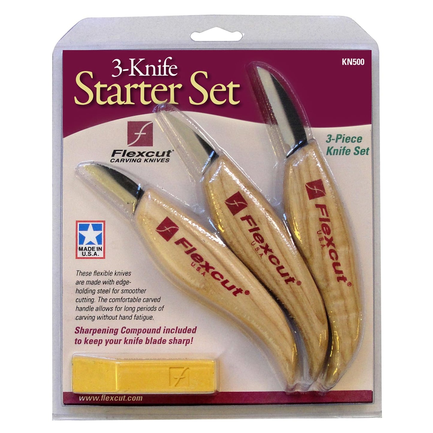 Flexcut Wood Carving Knives | Starter Set of 3 Woodcarving Knives | 1095 High Carbon Steel Blades | Ergonomic Ash Wood Handles for Beginners and Hobbyists | KN500 | Made in the U.S.A
