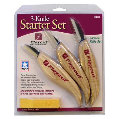 Flexcut Wood Carving Knives | Starter Set of 3 Woodcarving Knives | 1095 High Carbon Steel Blades | Ergonomic Ash Wood Handles for Beginners and Hobbyists | KN500 | Made in the U.S.A