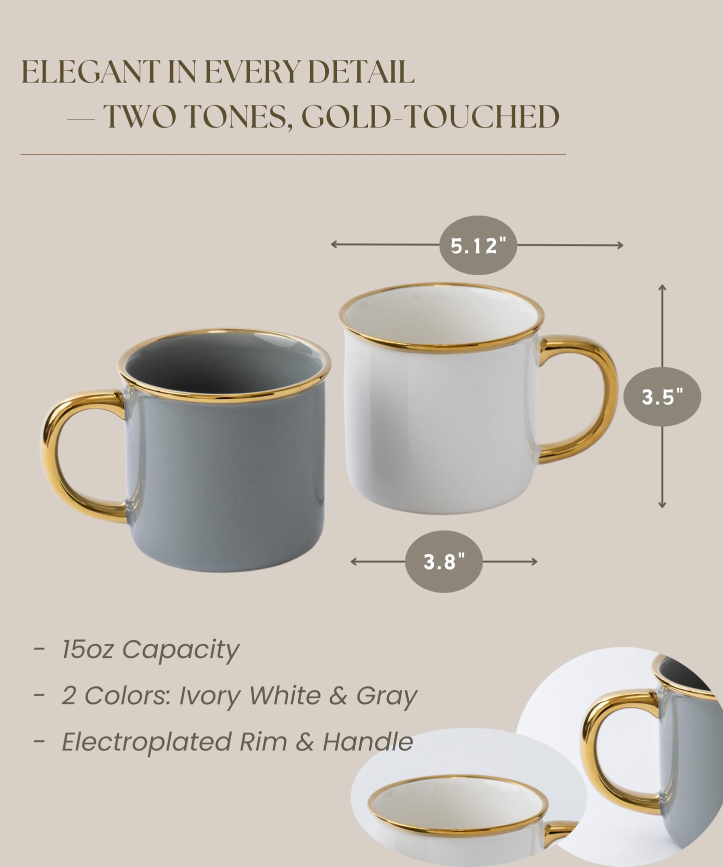 MELETĒ Stoneware Electroplated Mug Set of 4-15oz Ceramic Coffee & Tea Cups with Gold Handle - Perfect for Hot & Iced Drinks - Dishwasher Safe - Modern Chic Design - Ivory White & Gray - Ideal Gift