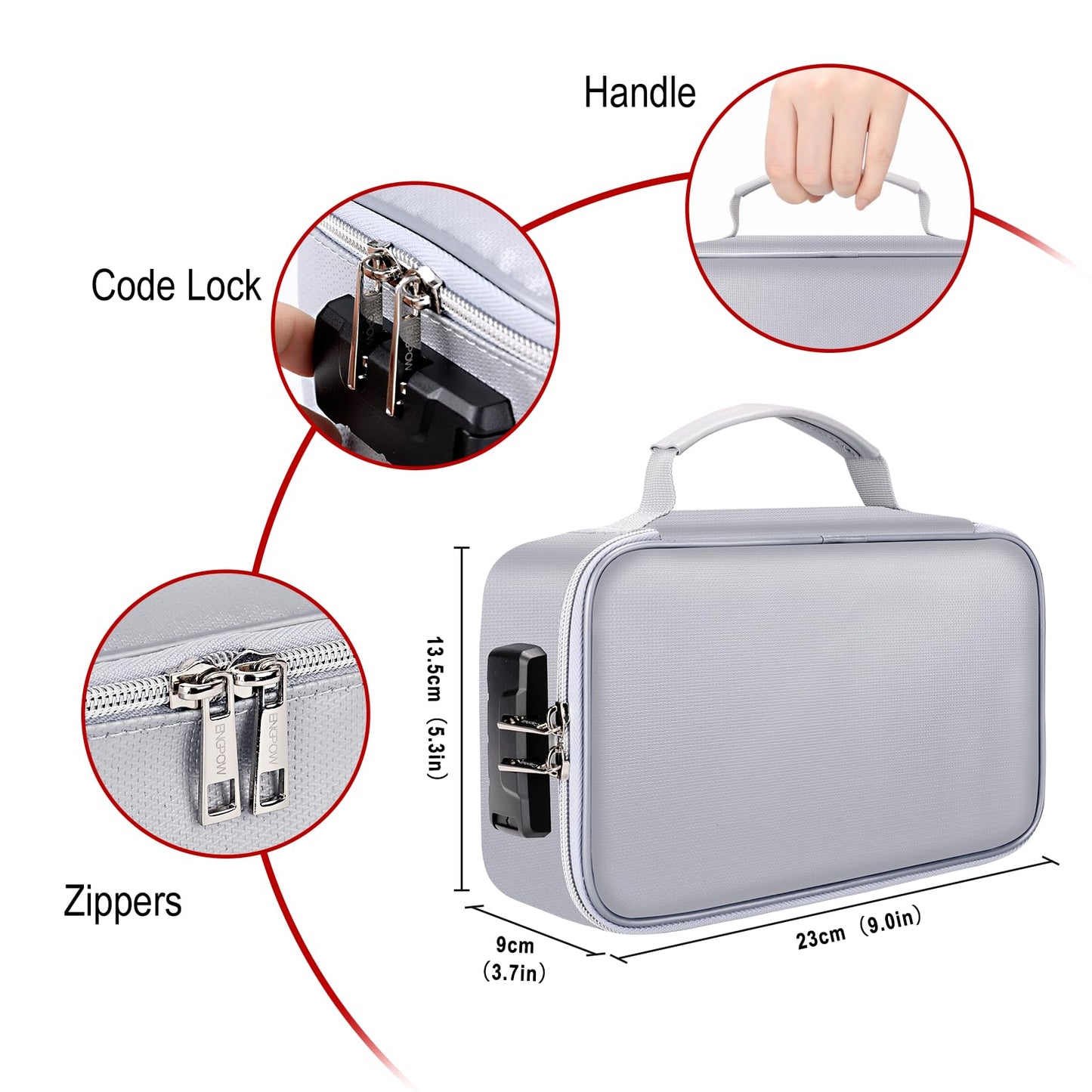 ENGPOW Small Fireproof Storage Organizer Case with Lock(9”x 5.3”x 3.7”), Soft Money Safe Coin Organizer Wallet Bag for Cash,Card,Passport,Check,Bill,Travel Home Organizer Carrying Case,Silver