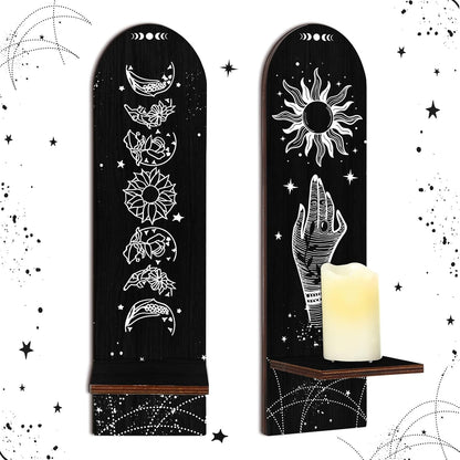 Set 2 of Boho Candle Holder Stand, Wooden Sconces Wall Decor Magical Boho Hand Floral Moon Phase Sign Rustic Spooky