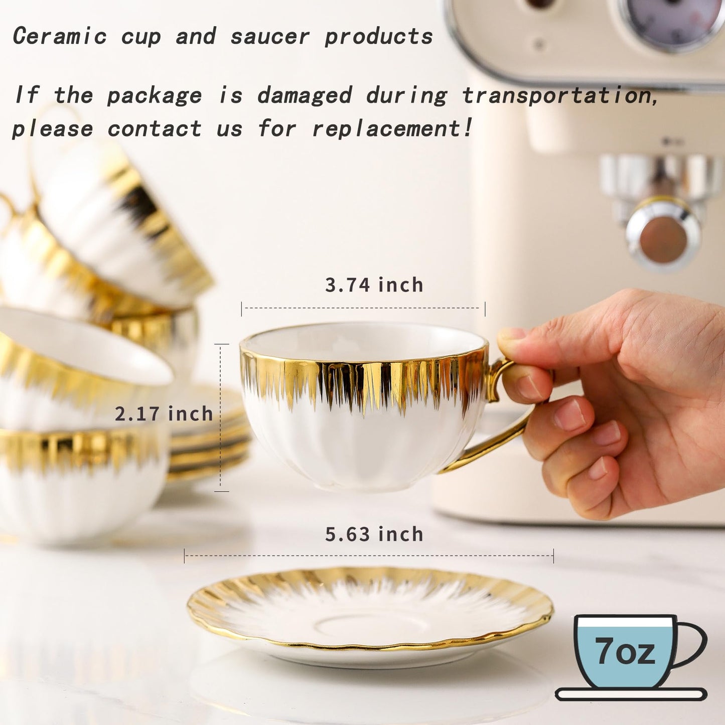 LETAOTAO Cappuccino Cups with Saucers, 7 oz Porcelain Double Espresso Cups Set, Ceramic Turkish Coffee Cups with Gold Trim, Tea Cups Set of 6, Cafe Cups for Latte, Mocha, Au Lait, White
