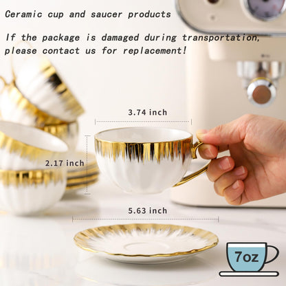 LETAOTAO Cappuccino Cups with Saucers, 7 oz Porcelain Double Espresso Cups Set, Ceramic Turkish Coffee Cups with Gold Trim, Tea Cups Set of 6, Cafe Cups for Latte, Mocha, Au Lait, White