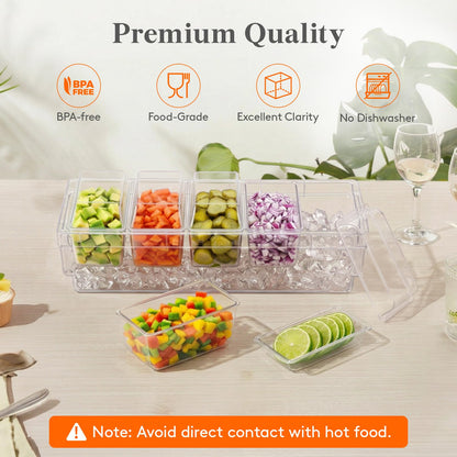 Lifewit Chilled Condiment Containers with Lids, Plastic Taco Bar Serving Set for Party with 5 Containers, Ice Garnish Tray for Mimosa Bar Supplies, Clear Serving Platter for Fruit, Salad, Snack