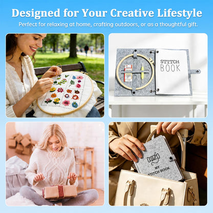 2026 Upgraded Embroidery Stitch Book Kit with 8.27"x10.65" Portable Loose-Leaf Cover, 103 Stitches & 60 Patterns, All-in-One Hand Embroidery Kit for Beginners with Tools & Step-by-Step Video Tutorials