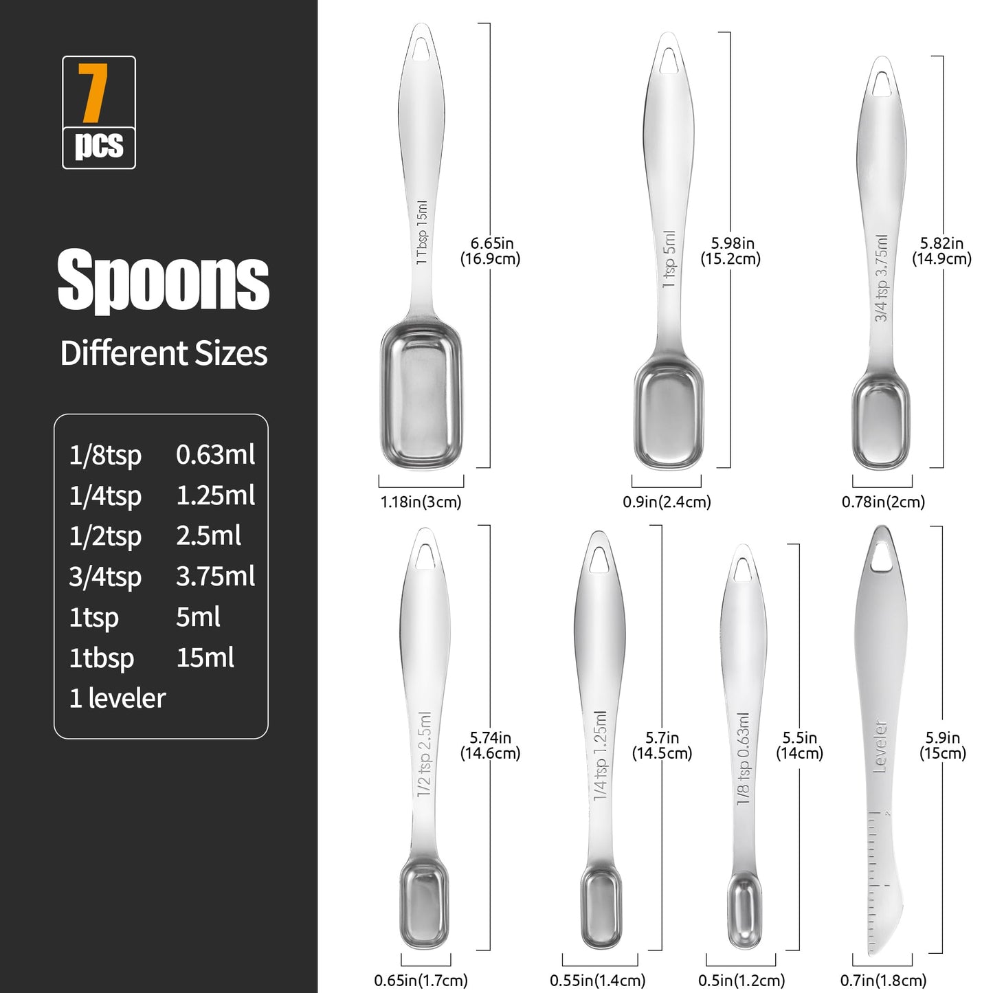 18/8 Stainless Steel Measuring Spoons: Doosu Heavy Duty Rectangular Spoon Square Teaspoon Tablespoon Scoop with Slim Long Handle in Narrow Spice Jar for Kitchen Baking Cooking (Set of 7 with Leveler)