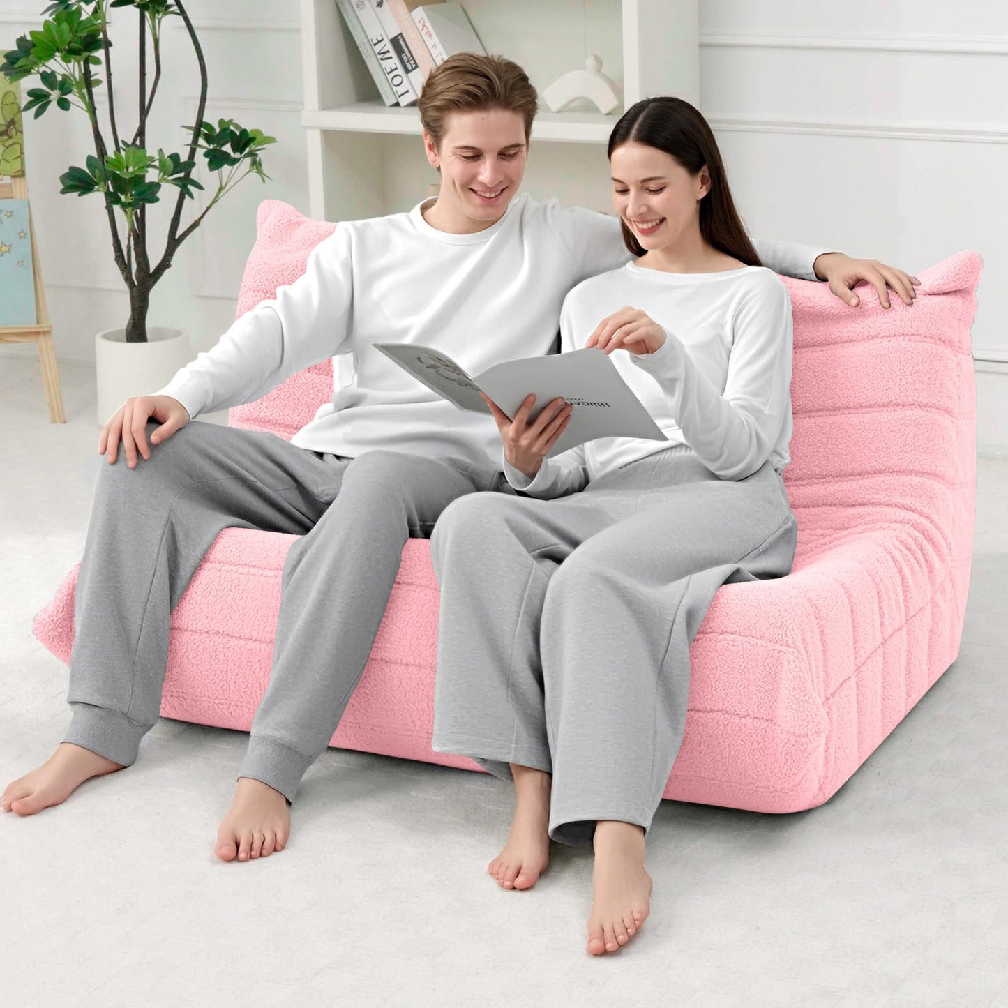 HABUTWAY Bean Bag Chairs Fireside Lazy Floor Sofa, Soft Teddy Fleece 2 Seater Sofa with High-Resilience Foam Filling，Beanbag for Living Room, Bedroom, Office (Pink Teddy)