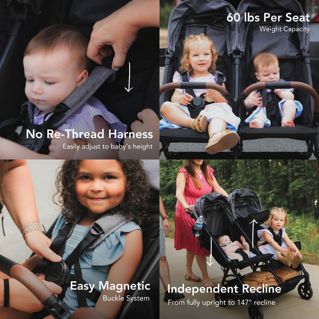 Strolee Lightweight Double Side by Side Stroller - 22 Lbs, 9.5" Compact Fold, Twin Nap Ready Seating, No Rethread Harness, Magnetic Buckle & Ultra Plush Seat 60Lb Max Per Seat- (v2 Black)