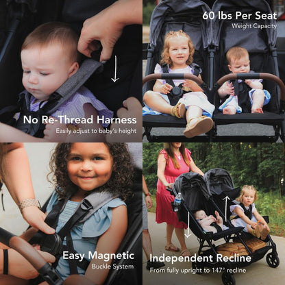 Strolee Lightweight Double Side by Side Stroller - 22 Lbs, 9.5" Compact Fold, Twin Nap Ready Seating, No Rethread Harness, Magnetic Buckle & Ultra Plush Seat 60Lb Max Per Seat- (v2 Shadow)