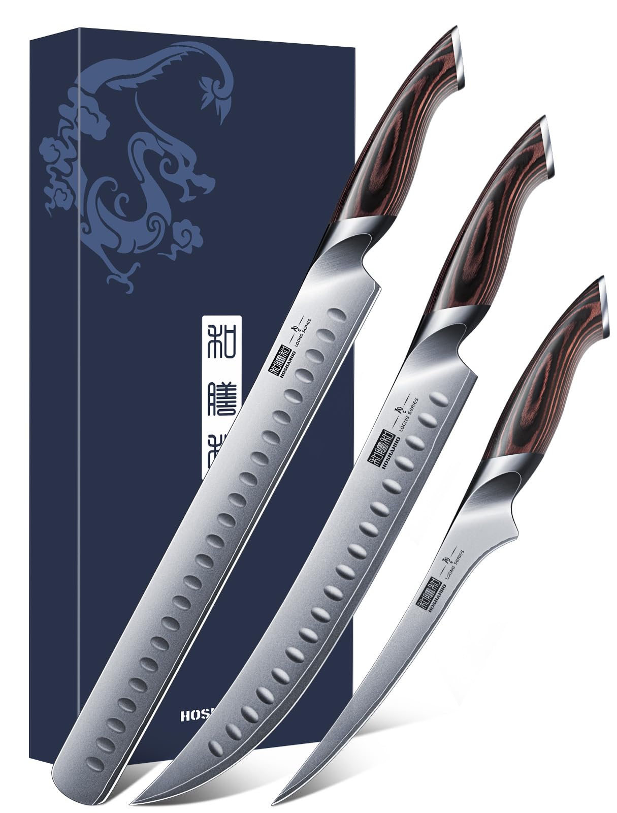 HOSHANHO Carving Knife Set 3PCS, Japanese High Carbon Steel Brisket Slicing Knife Sets with Ergonomic Pakkawood Handle, Butcher Knife Breaking Knife Boning Knife for Meat Cutting