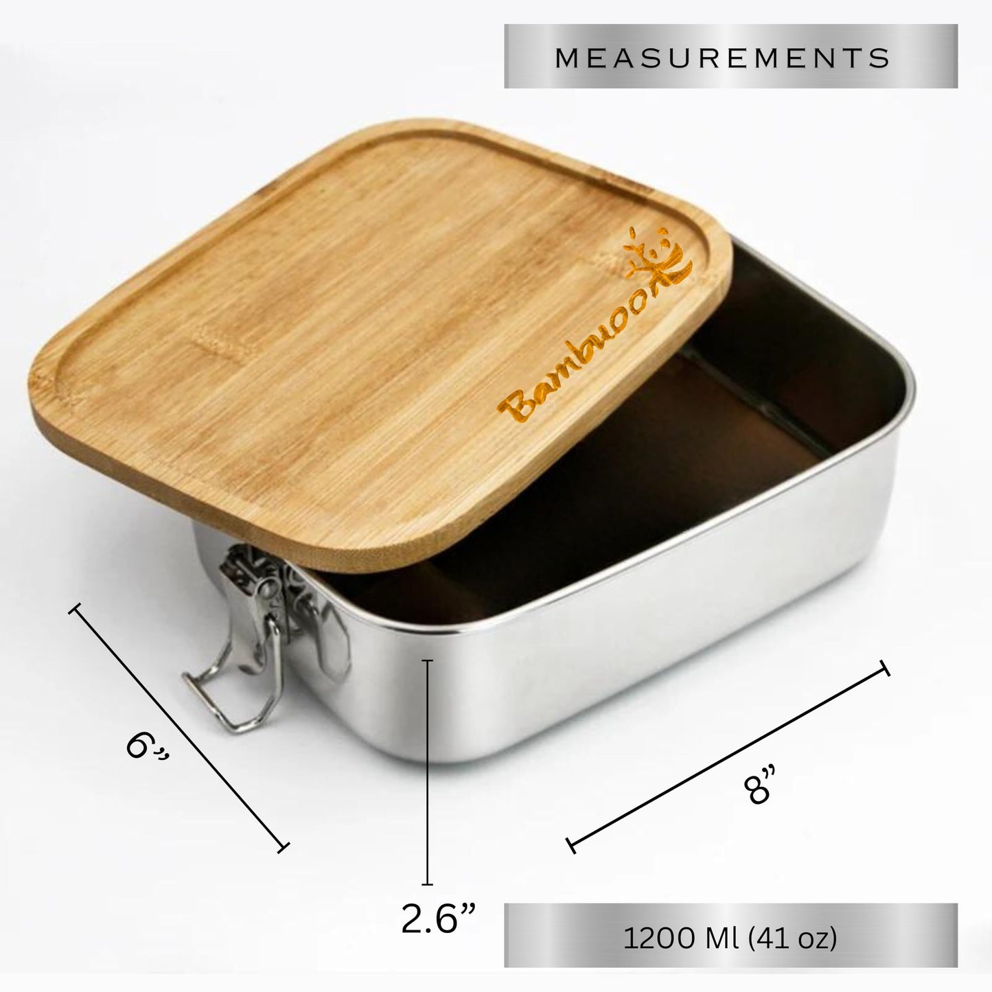 Bambuood Premium Stainless Steel Bento Lunch Box. Eco-Friendly Meal Storage, Food Container With 100% Leak-Proof Bamboo Lid. For Adults, Work, Travel Use. Free Bamboo Cutlery. LARGE (41 oz)