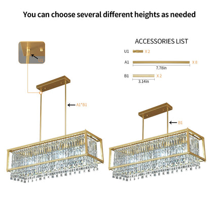LMQNINE Modern Rectangle Chandelier for Dining Room, Gold Crystal Chandelier Linear Light Fixture, Farmhouse Chandeliers for Kitchen Island, Bar Table, L35.43'' x W11.81'' x H9.84''