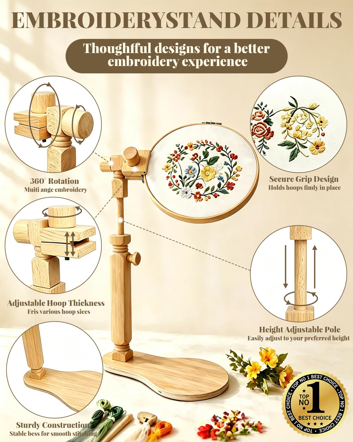 Wood Embroidery Hoop Stand Set, Needlepoint Stand for Lap, Embroidery Hoop Stand with Embroidery Kit for Beginners for Cross Stitch, Embroidery, and Art Craft Sewing Projects