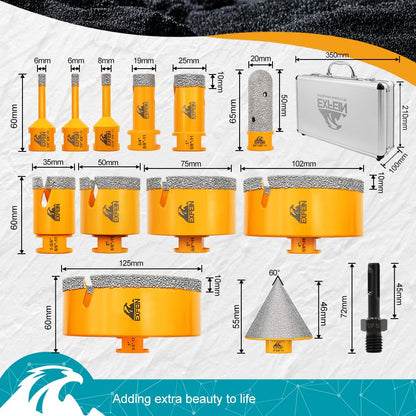 EXFEIN Tile Hole Saw Kit 13pcs - Diamond Core Drill Bits 6/6/8/19/25/35/50/75/102/125mm for Tile Porcelain Marble Granite with 20mm Diamond Finger Bit and 2" Chamfer Bit Trimming Hole and SDS Adapter