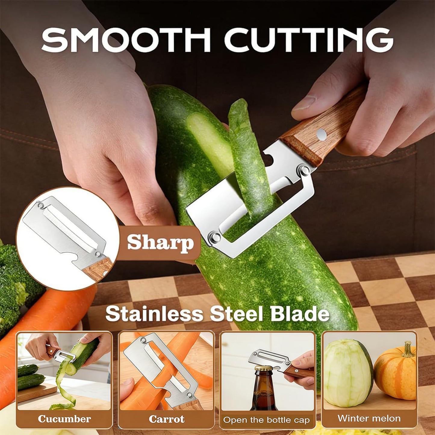 NEW Premium Vegetable Peeler with Wooden Handle and Bottle Opener: 2-in-1 Stainless Steel Kitchen Tool for Fruit Apple Potato Pumpkin Papaya (2Pcs)