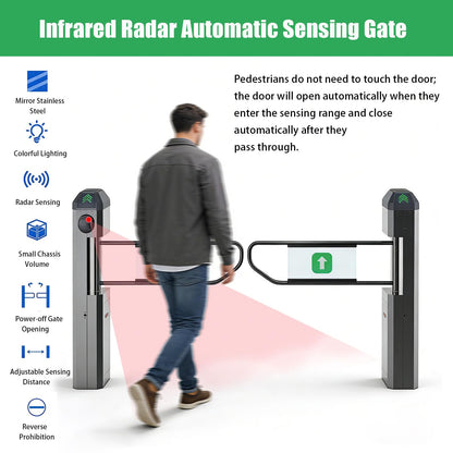 FRANREADER Public Entrance Automatic Turnstile with Radar Sensing - 90° Swing Gate for Transportation Hubs & Retail, Featuring Reverse Alarms & LED Indicators, One-Way Entry Access Control System