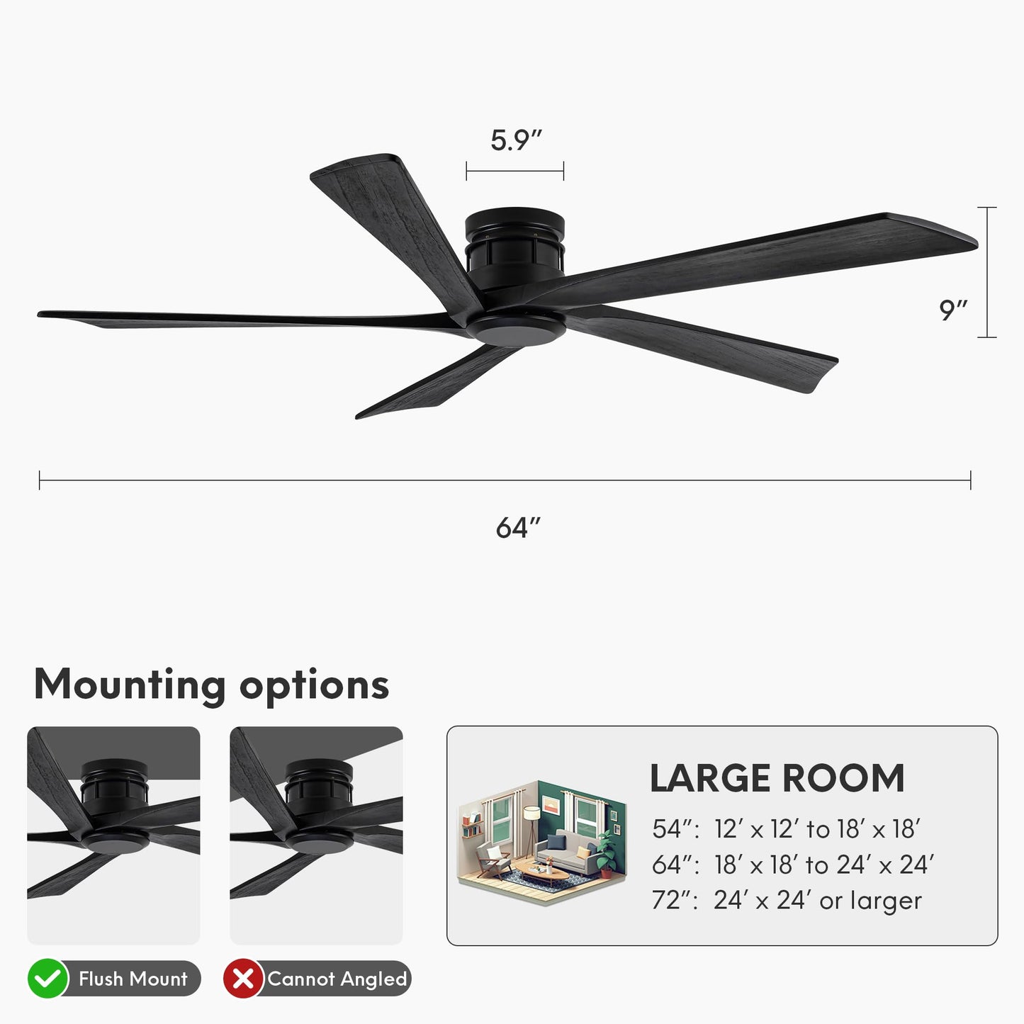 Vernal Life 64 Inch Modern Flush Mount Ceiling Fans no Light for Living Room, 5 Reversible Wood Blades, 6-Speeds, 110V Noiseless DC Motor (Black Finish with Black Blades)