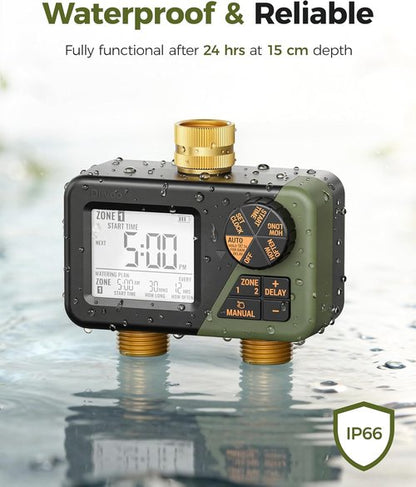 Diivoo Brass Sprinkler Timer - 2 Zone IP66 Waterproof Programmable Hose Timer | Large Display & Rain Delay for Garden Irrigation