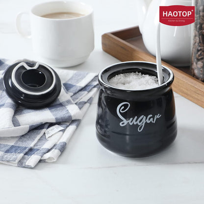 HAOTOP Farmhouse Porcelain Sugar Bowl with Lid and Spoon, 12oz, Easy to Clean (Black)