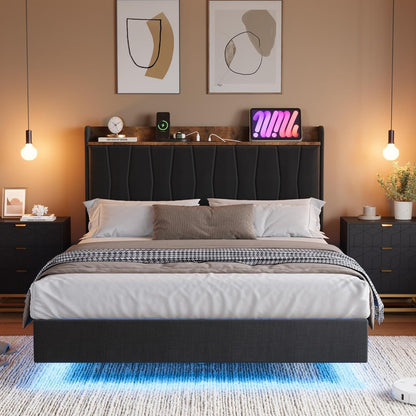 COZONY Modern Floating King Bed Frame with LED Lights, USB Charging Station, Upholstered Storage Headboard, Sturdy Wood Slats, No Box Spring Needed, Easy Assembly, Noise-Free, King-Black