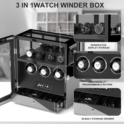 DUKWIN Watch Winder, Fingerprint Lock Automatic Watch Winder for 3 Watches with 4 Holders,300-2300 TPD,Digital Display, Remote Control,Jewelry Storage and Adjustable Watch Pillow and LED Light,Black