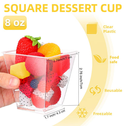 Zubebe 100 Pack 8 Oz Square Plastic Cups, Appetizer Dessert Cups Clear Plastic Disposable Small Tumbler for Ice Cream, Fruit Puddings, Desserts, Appetizers Wedding Party Catering Supplies