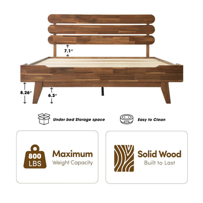 Full Size Solid Wood Platform Bed Frame, Headboard & Footboard, 12 Heavy-Duty Slatted Base, Center Metal Legs, Easy Assembly, No Box Spring Needed, Anti-Slip & Noise-Free, Walnut Finish OZF-37