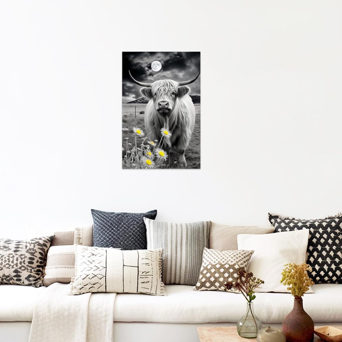 ZXHYWYM Highland Cow Canvas Wall Art, Black and White Cattle and Full Moon Pictures for Home Decor Framed 12" x 18"