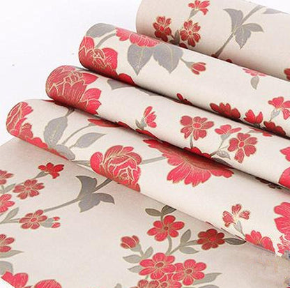 Vintage Floral Adhesive Paper Vinyl Shelf Liner, Peel Stick Dresser Drawer Sticker, 17.7inch by 118inch (Red)