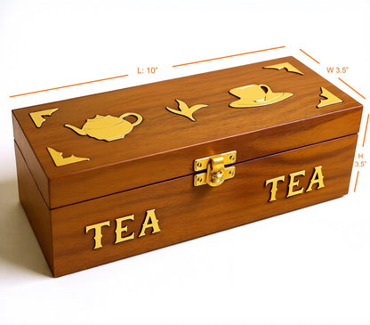 Handcrafted Rosewood Tea Box, 3-Compartment Tea Bag Organizer, Natural Wood Decorative Storage Chest with Brass Inlay, Artisan made in South Asia