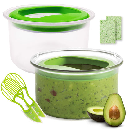WodGod Guacamole Keeper(2 Pcs), Guacamole Bowls, Avocado Keeper Fresh Guacamole Plastic Kitchen Storage Container with Air Tight Lid, 3-in-1 Avocado Slicer*2 and 2 Cleaning sponges