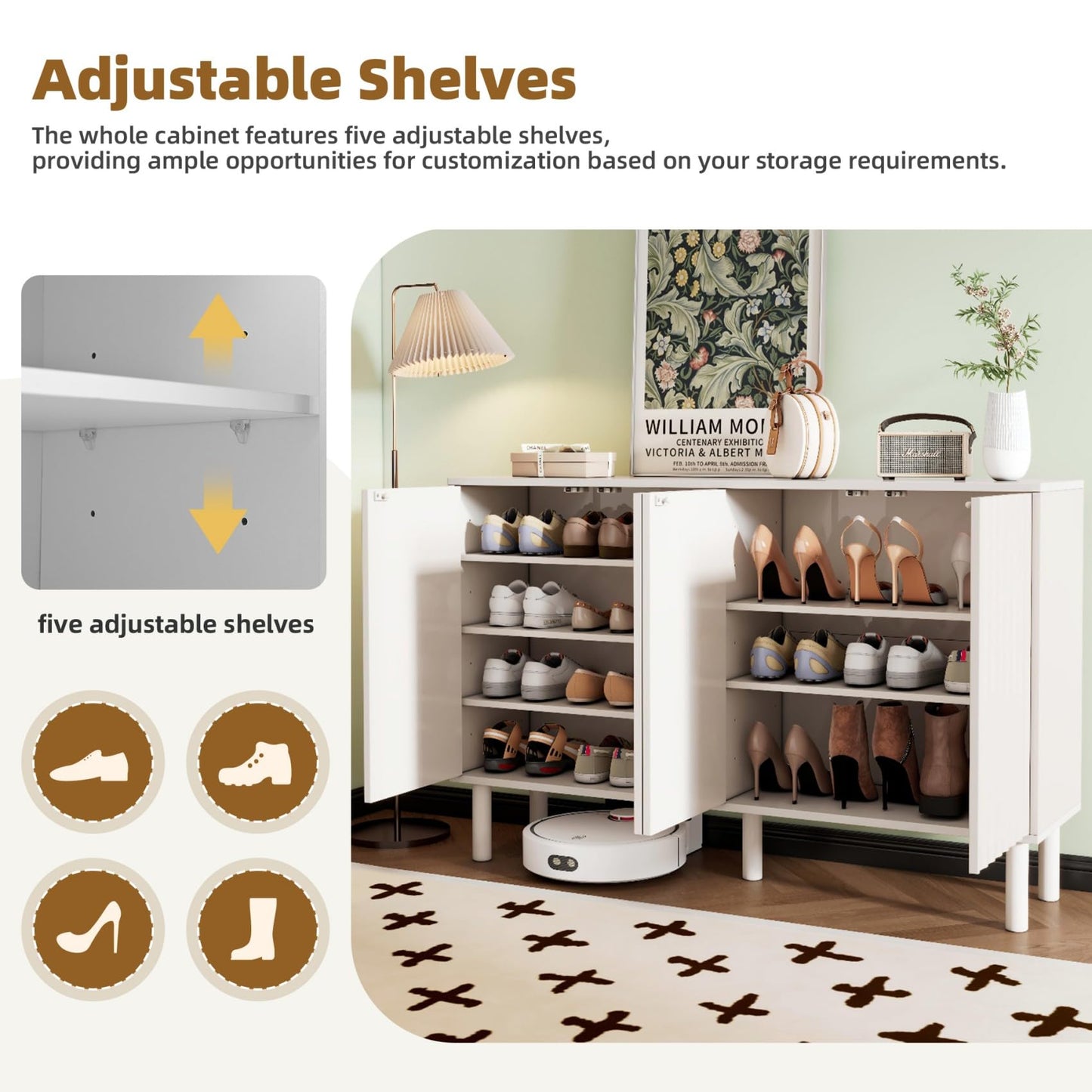 Merax 55” Shoe Cabinet Storage for Entryway with 4-Door, Freestanding Sideboard Buffet Hidden Table Organizer for Dinning Kitchen Living Room, Solid Wood Legs, Adjustable Shelves