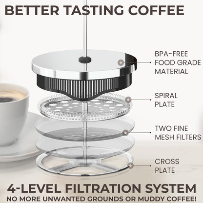 Cafe Du Chateau Stainless Steel French Press Coffee Maker 34 oz - Easy to Use Insulated Coffee Press with 4-Level Filtration, Manual Brewer for Tea, Camping & Travel with BPA Free, Durable Clear Glass