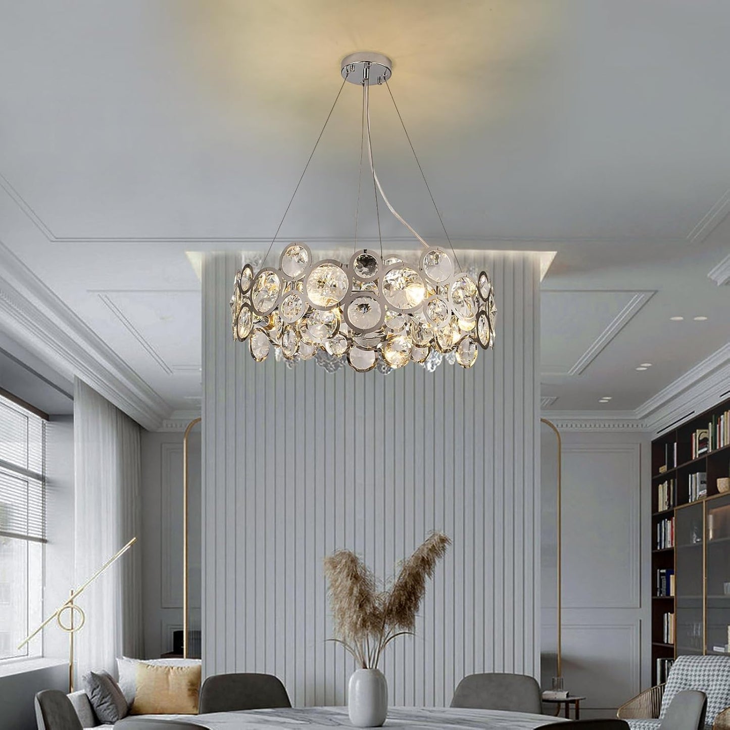 Wndtu Opal Unique Elegance Crystal Chandelier Luxury Round Crystal Modern Stainless Steel Chrome Pendant Ceiling Lights Fixture for Dining Room Living Room Kitchen Island Above Table D22